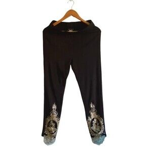 Venus Lace Gold Floral Details Black Lightweight Women's Legging Size M